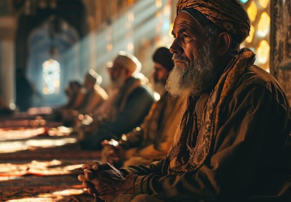 muslim-man-praying-mosque-with-sunlight-effect-worshiping-god-generative-ai_942102-9104