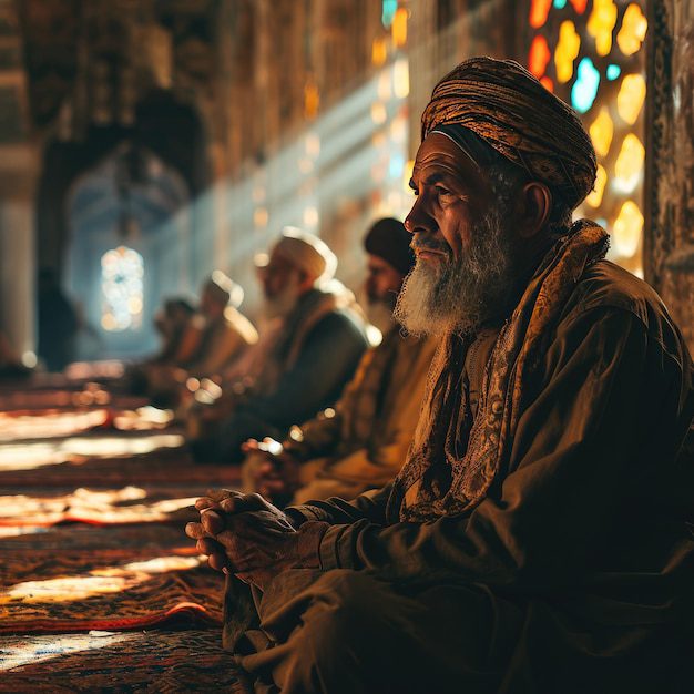 muslim-man-praying-mosque-with-sunlight-effect-worshiping-god-generative-ai_942102-9104